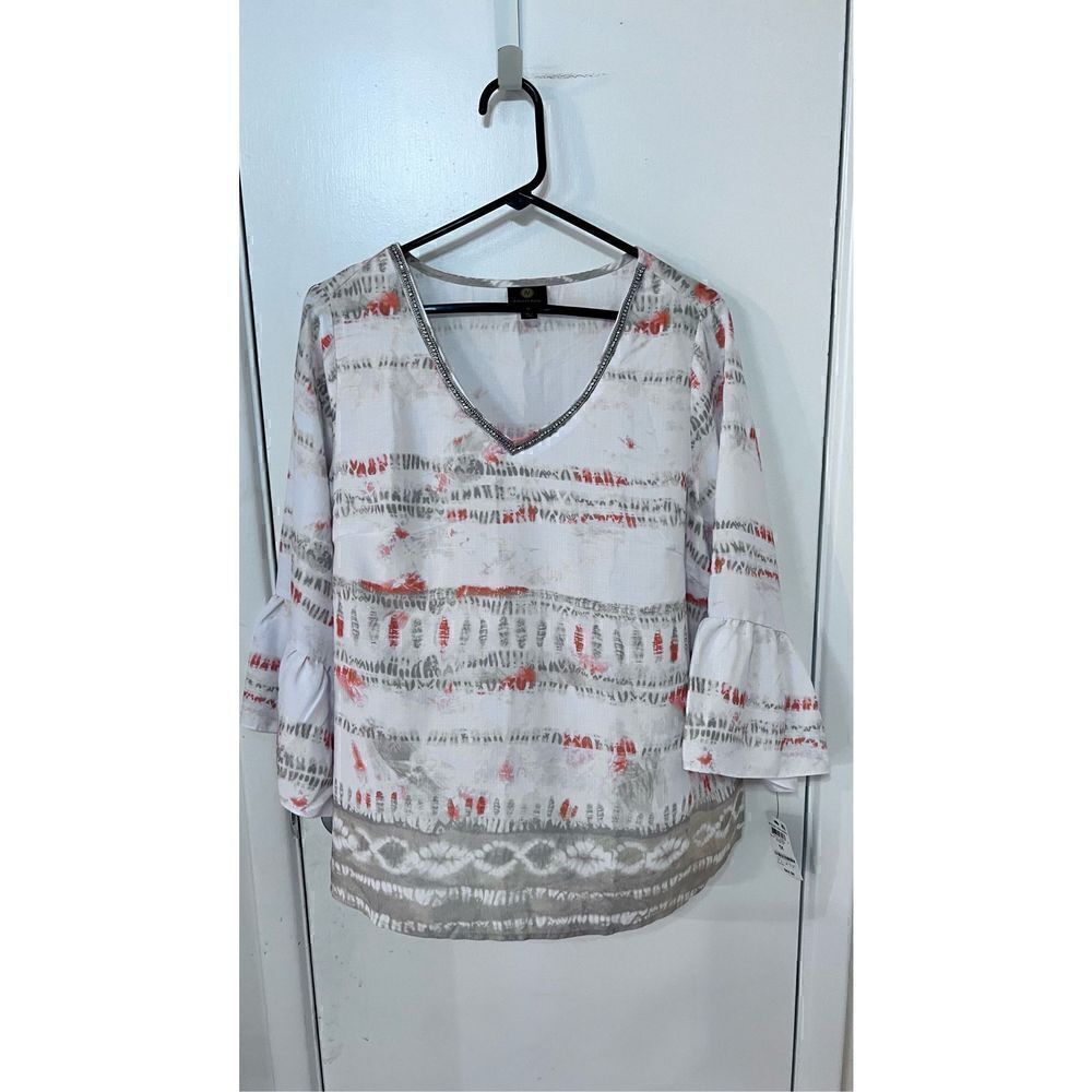 JM COLLECTION ORANGE TIE DYE BELL SLEEVE BLOUSE WOMENS SIZE 1X P1-295